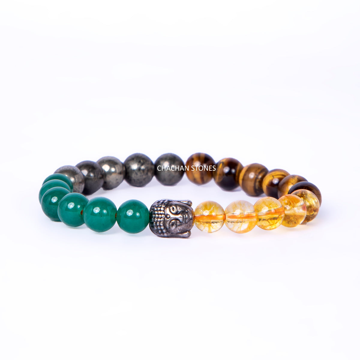 Money Bracelet (Dhan Yog) – Citrine, Tiger Eye, Pyrite & Green Jade with Buddha Charm