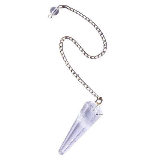 Crystal pendulum with chain on a white background