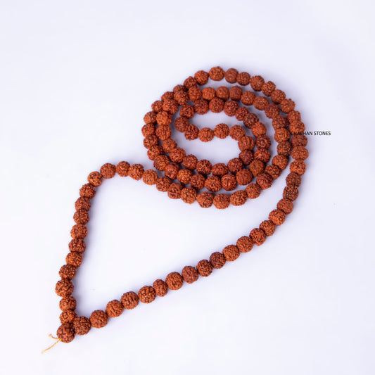 Brown rudraksha mala on a white background