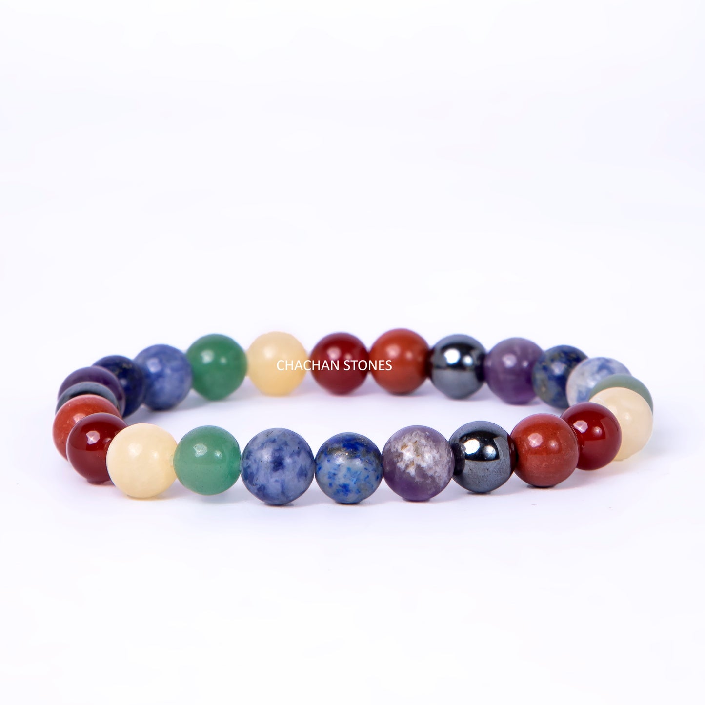 Multicolored beaded bracelet on a white background with 'CHACHAN STONES' branding.