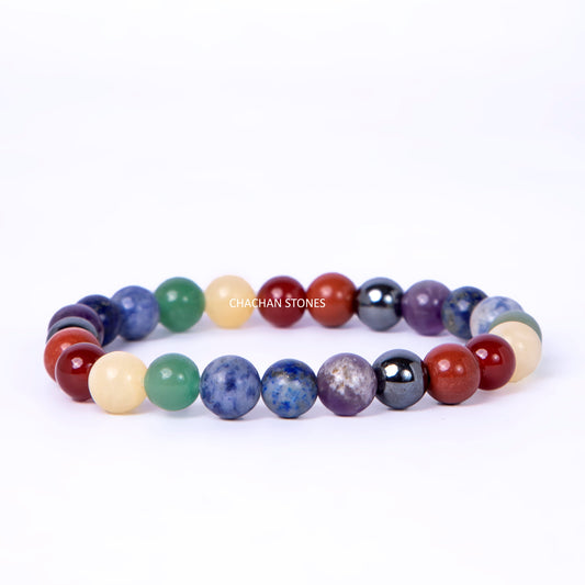 Multicolored beaded bracelet on a white background with 'CHACHAN STONES' branding.