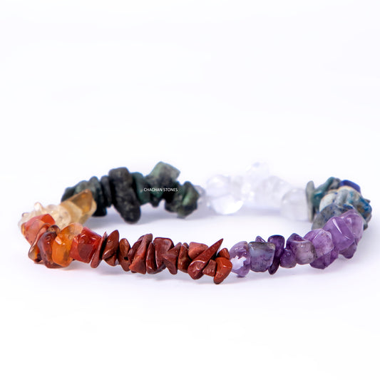 Set of three chip stone bracelets on a white background