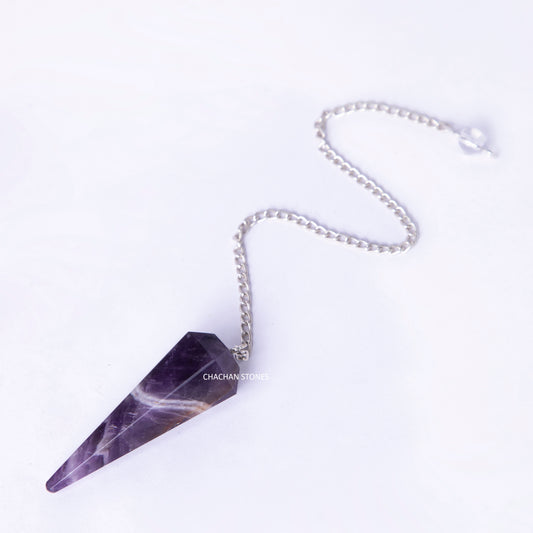 Purple crystal pendant on a chain with 'CHACHAN STONE' branding on a white background