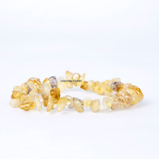 Necklace with yellow stone beads on a white background, branded 'Chachan Stones'.
