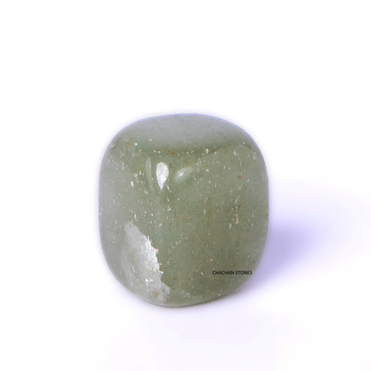 Green tumbled stone on a white background with 'Chachan Stones' branding.