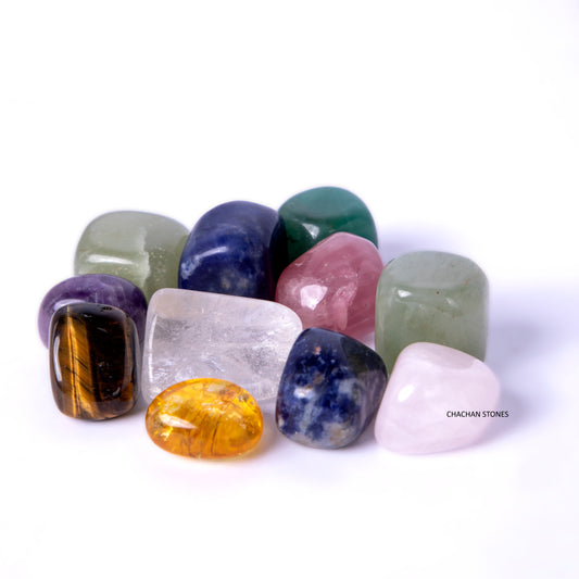 Assorted colorful crystals on a white background with 'Chachan Stones' branding.