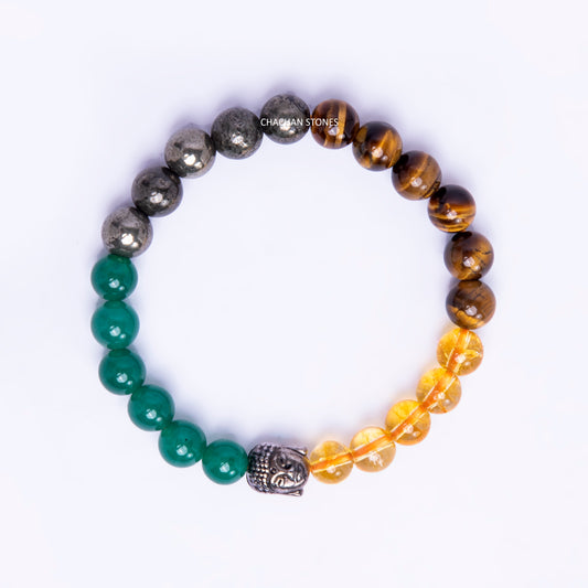 Multicolored beaded bracelet with a lion head charm on a white background
