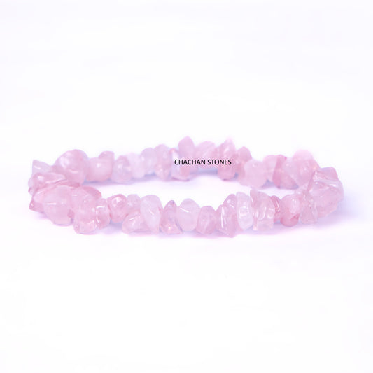 Pink crystal bracelet on a white background with 'Chachan Stones' branding.